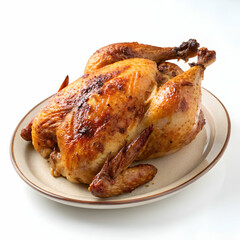 Roasted chicken on plate isolated on transparent background  