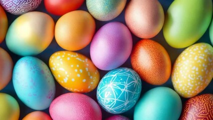  Colorful Easter eggs with patterns, arranged in an overhead view, showcasing the vibrant colors and intricate designs on each egg. - Powered by Adobe