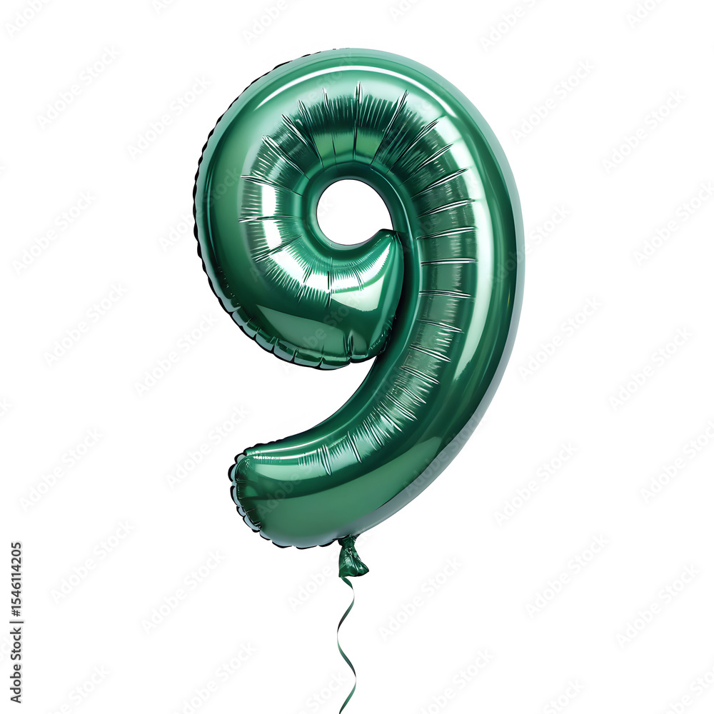 Fototapete a balloon shaped like the number 9,emerald green metallic finish with realistic reflections and smoo