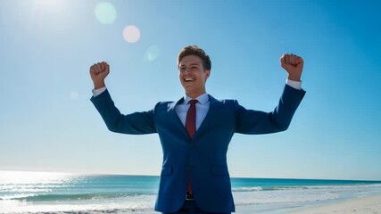 Businessman Celebrating on Beach with Ocean View and Clear Sky - Powered by Adobe