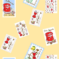 Coffee machine, grinder, Turkish coffee, milk frother, filter coffee, French press. Watercolor seamless pattern.