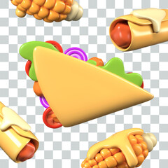 Taquitos, quesadillas, baked corn with sauce, elote. Isolated vector composition in realistic style