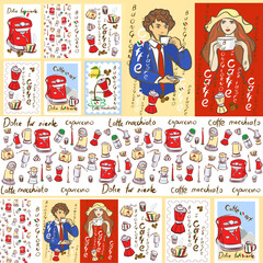 Italian man in blue suit drinking espresso, girl in red dress holding cappuccino. Coffee machine, grinder, Turkish coffee, milk frother, filter coffee, French press. Watercolor seamless pattern.