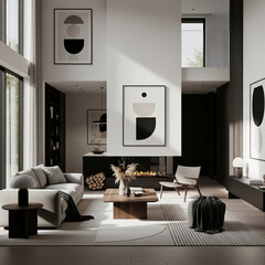Stylish Modern Living Room with Abstract Art and Fireplace