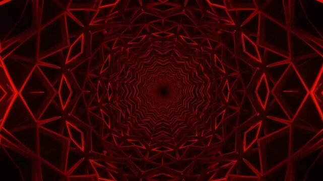 Abstract red geometric tunnel with intricate patterns creating a sense of depth and movement