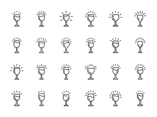 Minimalist Glowing Wine Glass Icon Set – Hand-Drawn Silhouette Line Icons with Light Rays on White Background, Perfect for Bar, Party, Celebration, Restaurant, and Beverage-Themed Designs