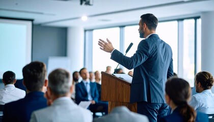 _Business speaker giving a talk at business conference event. 