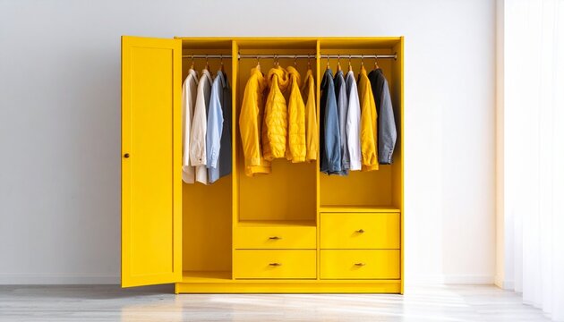 Vivid yellow wardrobe with clothes on rack .