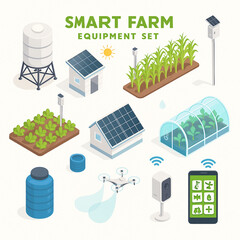 Smart Farm Technology Equipment Set Isometric Illustration featuring Solar Panels Drones and Sensors for Modern Agriculture