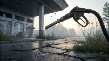 Abandoned gas station pump dripping fuel on cracked pavement with morning fog in background
