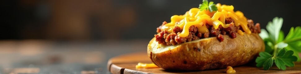 A baked potato topped with ground beef and melted cheese, warm and cozy, comfort food, home cooked meal