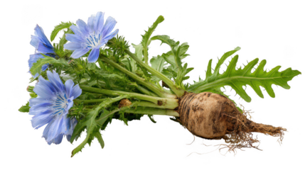 Chicory root and flowers isolated on transparent background