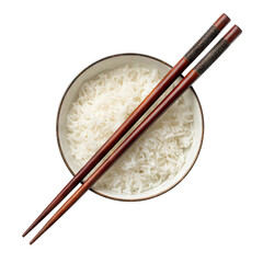 Bowl of White Rice with Wooden Chopsticks on a White Background for Culinary or Cultural Themes