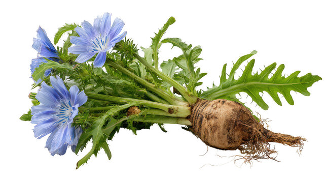 Chicory root and flowers isolated on transparent background