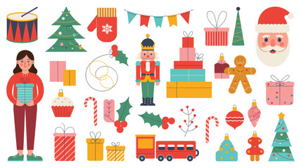 Christmas decorative banner with Santa Claus, nutcracker, locomotive, girls, gingerbread and gift boxes in vintage style