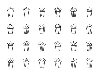 Collection of Glowing Popcorn Icon Silhouettes – Minimalist Line Art Style Popcorn Bucket Set on White Background for Cinema, Movie Night, Snack Bar, Food Apps, and Entertainment Design Projects