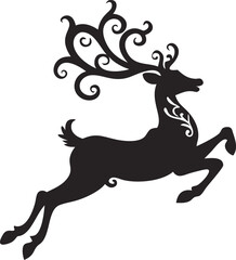 Obraz premium Black Silhouette of a Reindeer Leaping with Ornate Antlers and Body Detailing Against a White Background a Decorative Design Element for Holiday or