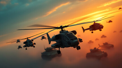 A fleet of military helicopters flying through the clouds at sunset over tanks on ground
