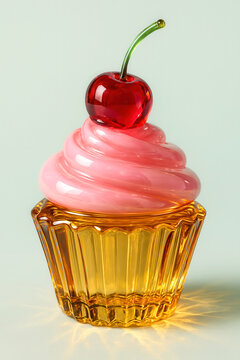 Glass cupcake with pink swirl frosting and red cherry, sculpted in glossy, colorful glass