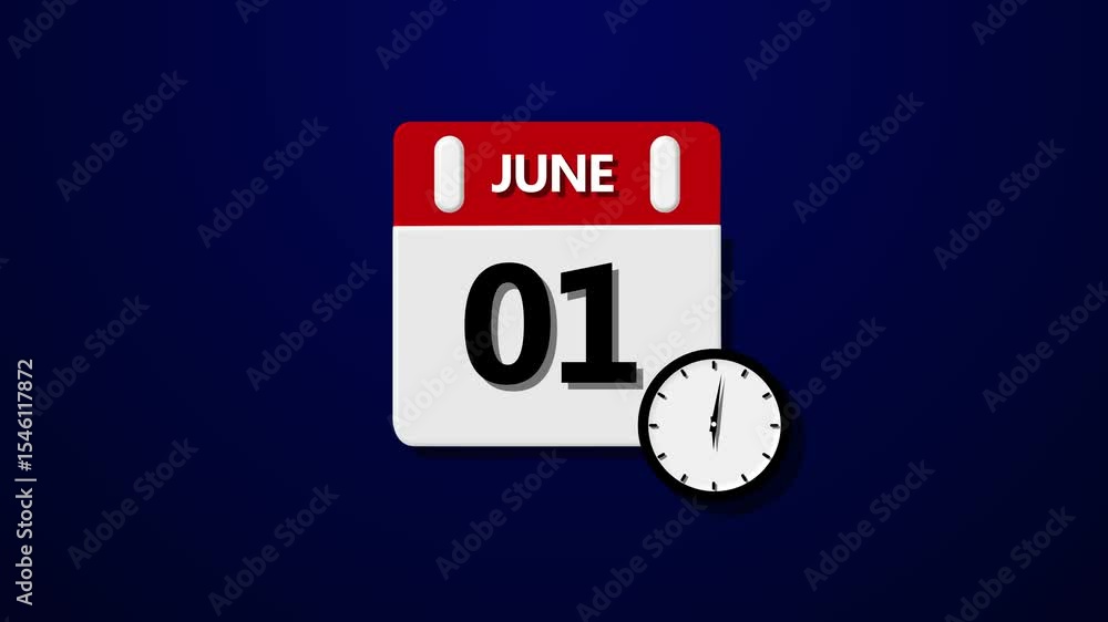 Poster june 01 daily calendar icon animation on transparent background. animated clock icon on the date cal