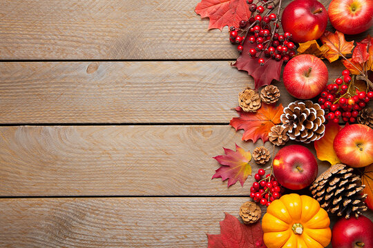 Autumnal arrangement of apples berries pine cones and leaves on rustic wooden tabletop