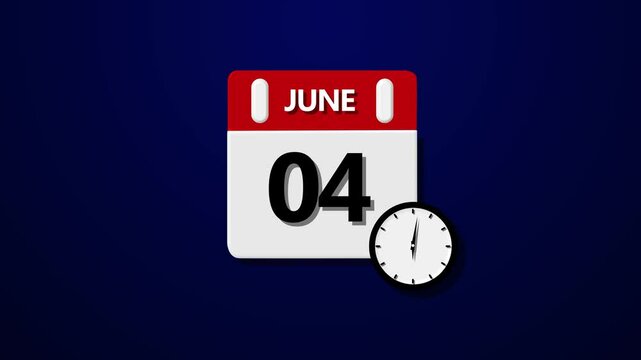 June 04 Daily Calendar icon animation on transparent background.  Date counting calendar and bule color background.
