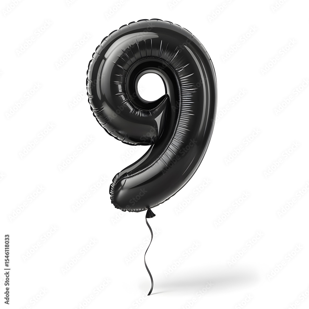 Fototapete a balloon shaped like the number 9,matte black metallic finish with realistic reflections and smooth