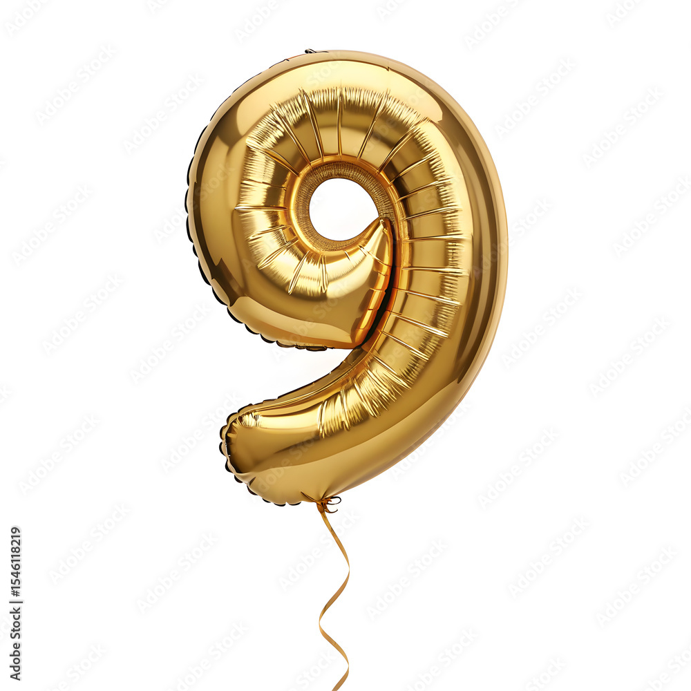 Fototapete a balloon shaped like the number 9 ,gold metallic finish with realistic reflections and smooth textu