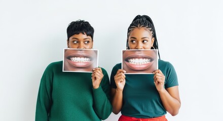 two african american women holding pictures of smiling mouths in front of their faces against white background. playful expression, creative concept. humorous stomatology advertisement, dental care