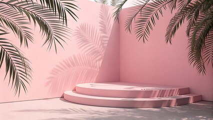 Obraz premium Pink product display podium with palm leaf shadows backdrop