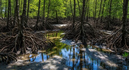Obraz premium Mangrove Forest Roots and Tidal Pools at Low Tide