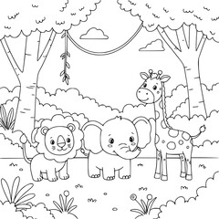 Whimsical cartoon outlines of children playing with birds and animals in a garden, perfect for a fun coloring book