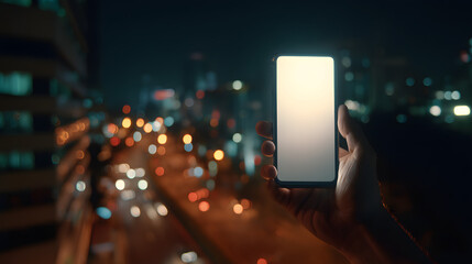 Night scene with phone glowing in hand, empty screen 