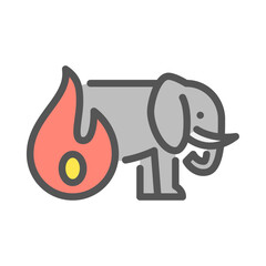 Elephant in Wildfire filled outline icon. wildfire color line illustration.