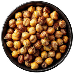 Top View Black Bowl Of Roasted Chickpeas Isolated On Transparent Background. Isolated Chickpeas
