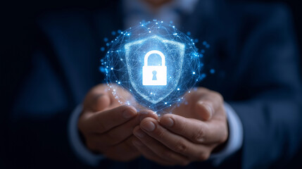 Businessman Holding Shield for Cybersecurity and Data Protection