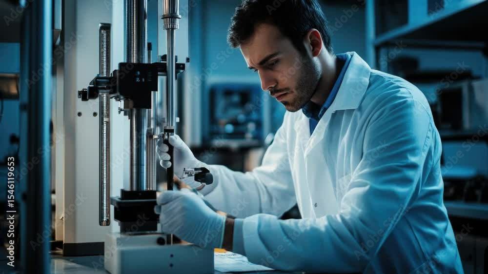 Poster a scientist in a lab coat works on a machine, focusing on the task at hand