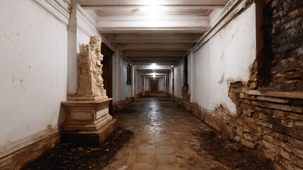 Obraz premium Abandoned Historical Corridor with Statue