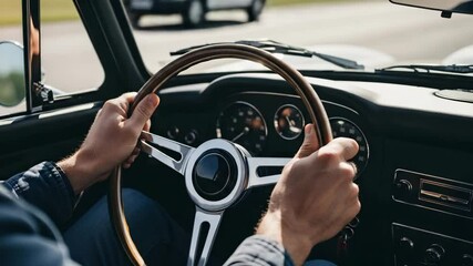 Man driving vintage car with wooden steering wheel on the road  