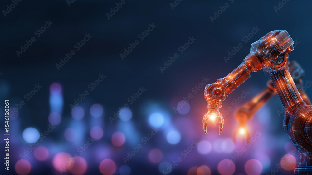Poster engineer controlling welding robotic arms in a vibrant factory workspace