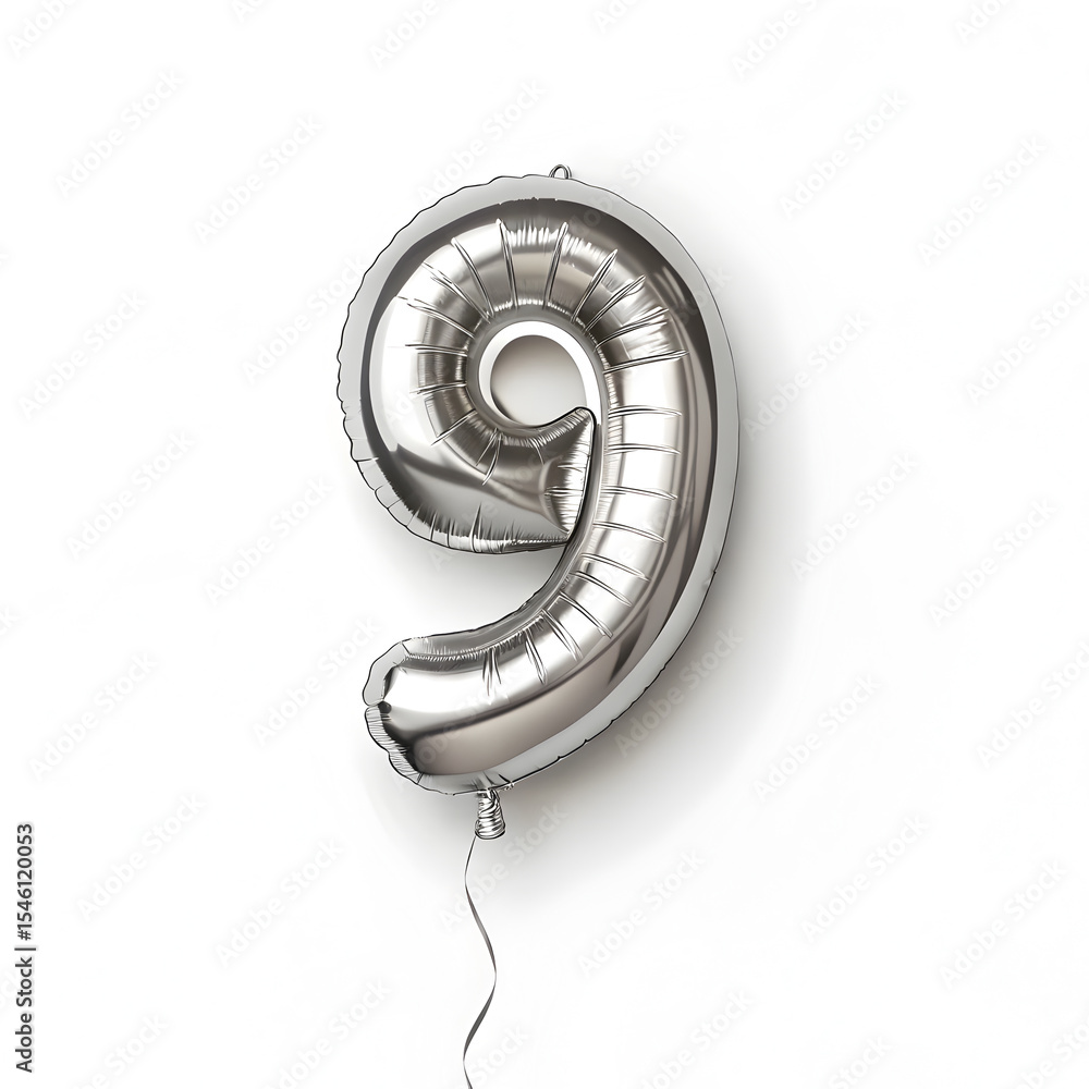 Fototapete a balloon shaped like the number 9 ,silver metallic finish with realistic reflections and smooth tex