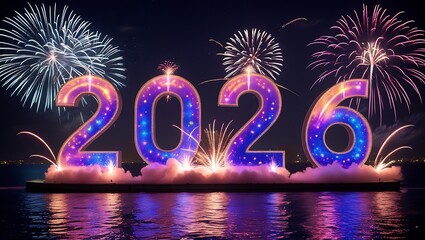 Neon sign illustration with happy new year 2026 text and star decoration for holiday party celebration