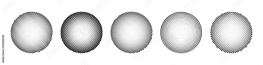 Poster set of circular abstract vector stamps with varying line widths and geometric patterns. optical illu