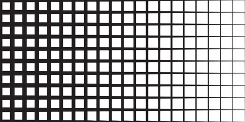 Square grid pattern with gradient line thickness. Black and white geometric design transitioning from bold to thin outlines. Abstract vector illustration.