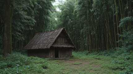 Ancient Wooden Hut in a Lush Bamboo Forest