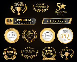 Obraz na płótnie Canvas Golden luxury award labels and badges gold premium quality certificate ribbons vector illustration