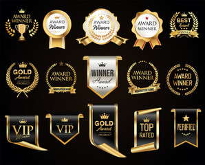 Golden luxury award labels and badges gold premium quality certificate ribbons vector illustration