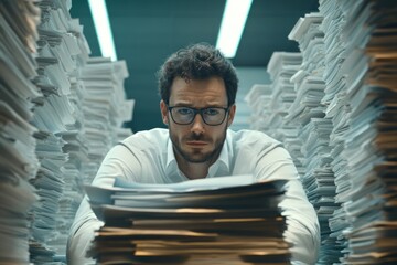 Overwhelmed businessman facing a mountain of paperwork