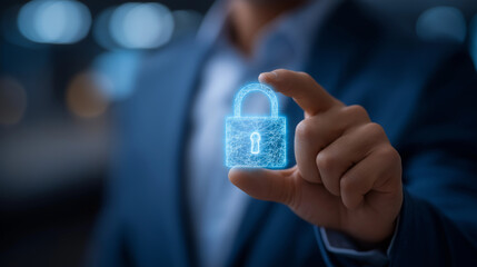 Businessman Holding Padlock in Virtual Network for Cybersecurity