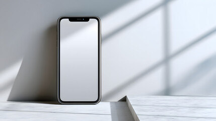 Smartphone on white table with clean shadows, display ready 